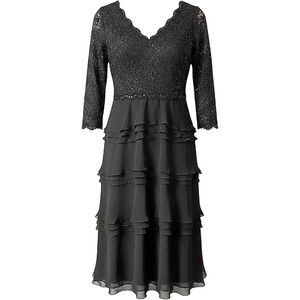 Tadashi‎ Shoji Collection Black Silk Lace Sequin Tiered Dress KN75352MX Size 6